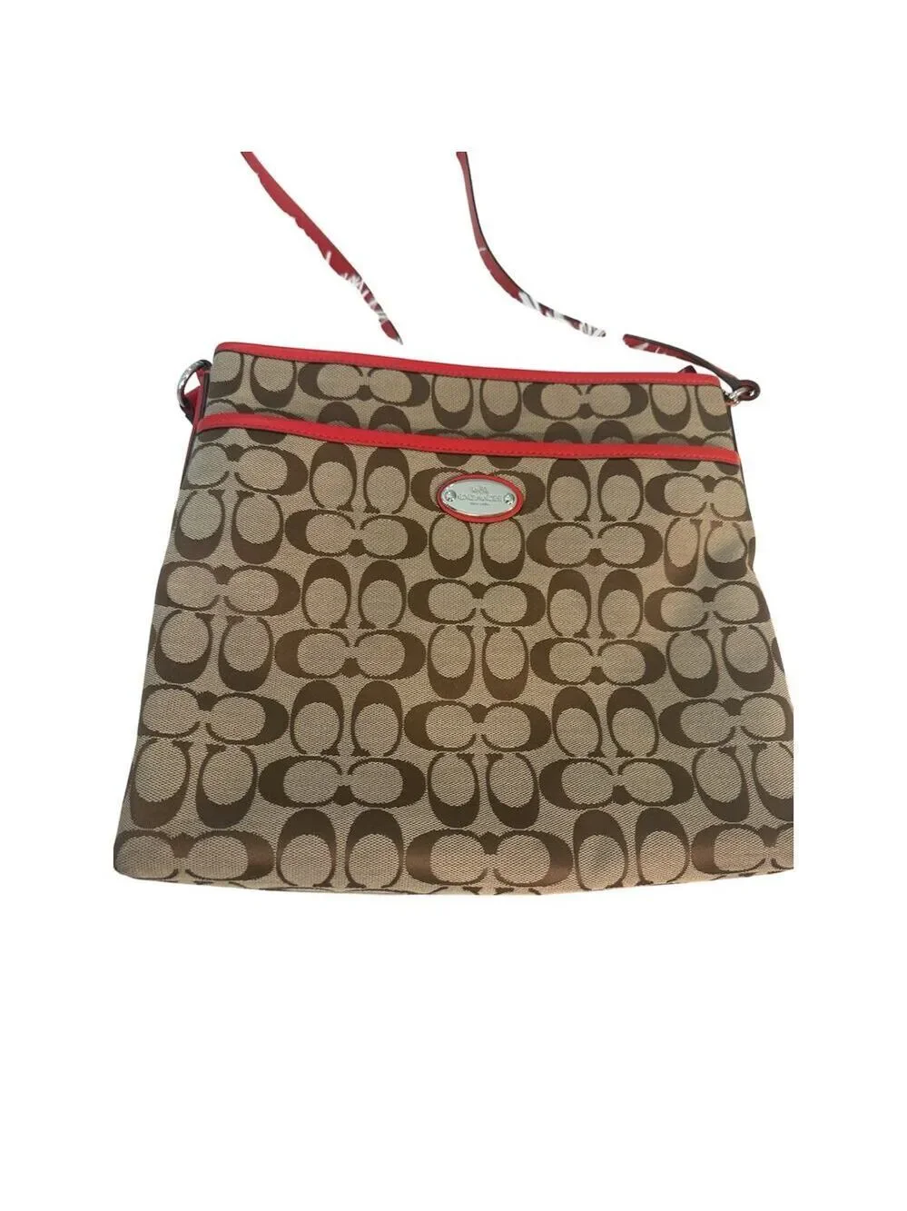 COACH Tan w/Red Trim Crossbody Zipper Closure Red Buckle Strap Purse